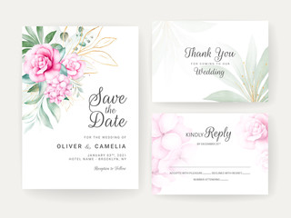 Wedding invitation card template set with watercolor floral decorations. Flowers arrangements for save the date, greeting, rsvp, thank you, poster. Botanic illustration vector