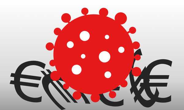 A lot of euro symbols under a red coronavirus