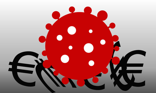 A lot of euro symbols under a red coronavirus