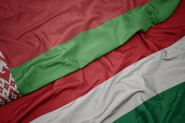 waving colorful flag of hungary and national flag of belarus.