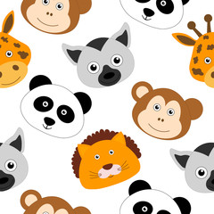 Seamless pattern Cute Animal Face Vector Children Illustration Lemur Monkey Lion Panda Giraffe