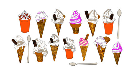 Ice cream cones vector flat outline drawing