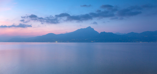 Beautful coastline of Garda lake at sunset, northern Italy