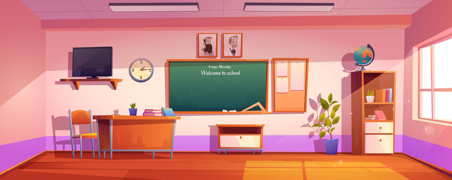 Empty classroom with inscription Welcome to school on chalkboard. Vector cartoon illustration of class interior with globe, books on desk and blanck poster and lcd monitor on wall
