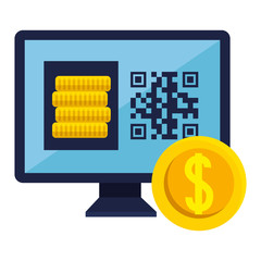 qr code inside computer and coins design of technology scan information business price communication barcode digital and data theme Vector illustration