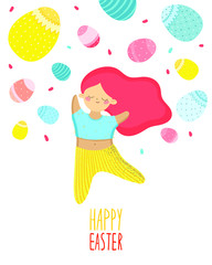 Happy Easter theme. Happy cute cartoon girl with eggs.Holiday illustration in flat cartoon style can be used for greeting card, poster, banner. Cartoon flat vector stock illustration.Hand drawn style