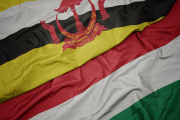 waving colorful flag of hungary and national flag of brunei.