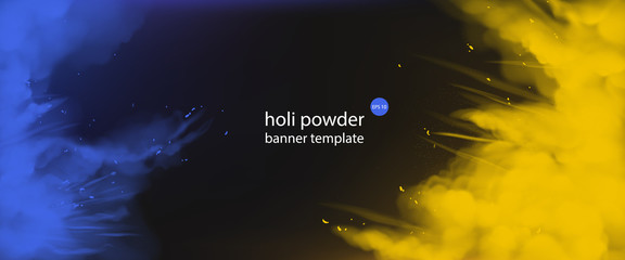 Holi powder paints empty banner template, horizontal border with blue and yellow color splashes on black background colorful cloud or explosion, indian festival ad. Realistic 3d vector illustration