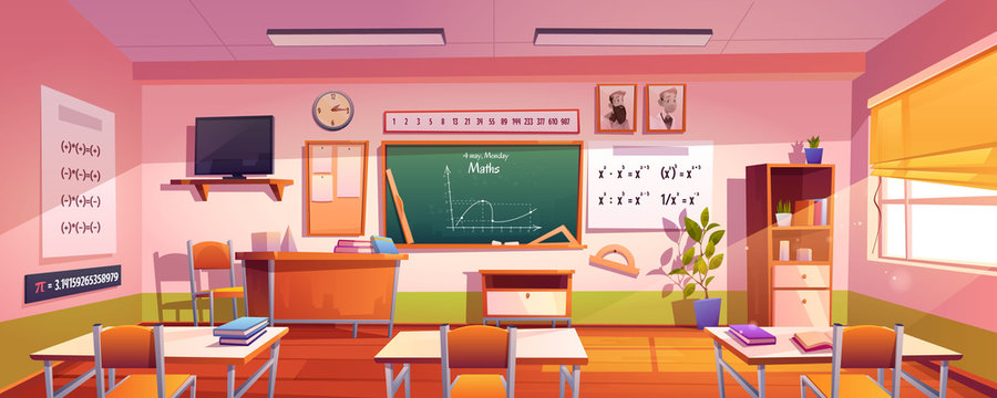 Classroom for math study with graph on chalkboard. Vector cartoon illustration of empty class interior for mathematics, geometry and algebra learning in school or college