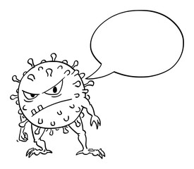 Vector cartoon funny illustration of funny crazy coronavirus COVID-19 virus monster with empty speech bubble saying something.