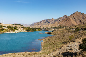Fototapeta na wymiar Naryn River near the city of Tash-Kumyr in the Jalal-Abad region of Kyrgyzstan.