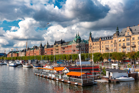 Panoramic view of boulevard Strandvagen on Ostermalm from Djurgardsbron bridge in central Stockholm, capital of Sweden
