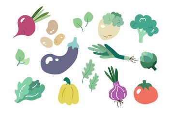 Hand drawn set with colorful doodle vegetables & greens. Sketch style vector collection. Flat icons: romaine salad, tomato, artichoke, beetroot, potato, broccoli, onion, paprika, eggplant on white.