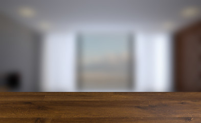 Empty interior with large window. Retro light bulb. The floor is of brown parquet.  3D rendering. wooden table. blurred background