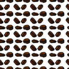 Seamless pattern. Aromatic coffee beans on a background arranged in a chaotic manner, harmoniously arranged and suggest enjoyment. Perhaps use in the interior design kitchen, coffee shop, store.