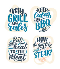 Set with Bbq fun slogans, great design for any purposes. Lettering for family dinner design. Funny print, poster and banner with phrase about barbeque. Vector