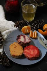 Colored cheese on a plate