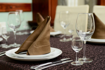 serving in a restaurant closeup of appliances, napkin, wine glasses