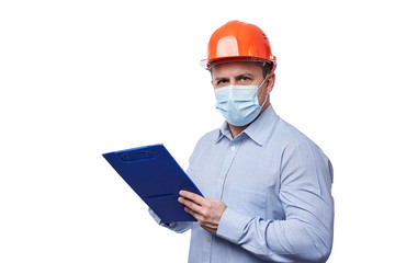 Engineer with clipboard and face mask