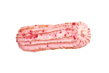 Raspberry Eclair pink. Fresh pastries, top view. Close-up, isolate