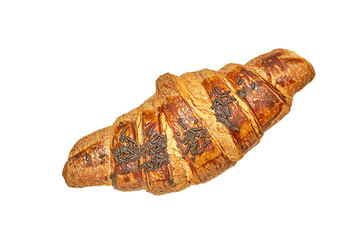 Delicious croissant sprinkled with chocolate chips. Fresh pastries, top view. Close-up, isolate