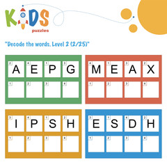 Decode the 4-letter words. Worksheet practice for preschool, elementary and middle school kids. Fun logic puzzle activity sheet.