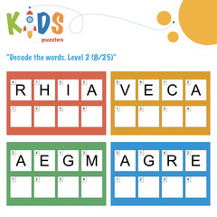 Decode the 4-letter words. Worksheet practice for preschool, elementary and middle school kids. Fun logic puzzle activity sheet.