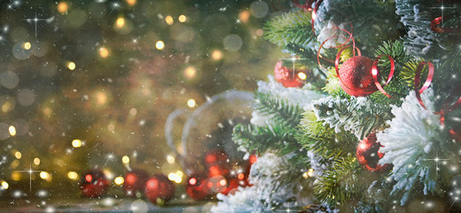 Merry Christmas and Happy New Year, Holidays greeting card with blurred bokeh background