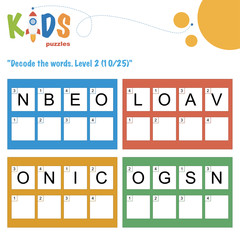 Decode the 4-letter words. Worksheet practice for preschool, elementary and middle school kids. Fun logic puzzle activity sheet.