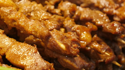 Close up of delicious roast lamb kebabs. Homemade barbecue food