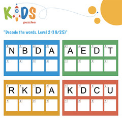 Decode the 4-letter words. Worksheet practice for preschool, elementary and middle school kids. Fun logic puzzle activity sheet.