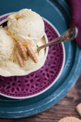 Vanilla yogurt flavour homemade ice cream, summer sundae in a cup on rustic background, close up, selective focus