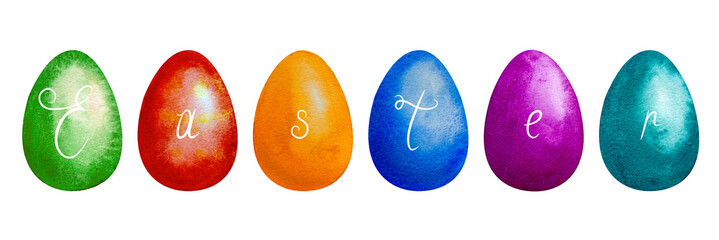 Watercolor set of hand drawn colored Easter eggs isolated on white background