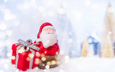 Merry Christmas and Happy New Year, Holidays greeting card with blurred bokeh background
