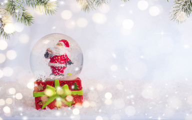 Merry Christmas and Happy New Year, Holidays greeting card with blurred bokeh background