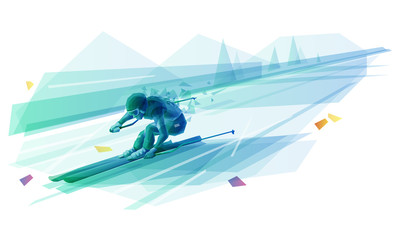 Polygonal illustration of man slalom skiing - obrazy, fototapety, plakaty