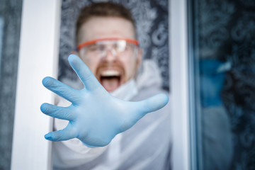 Nervous breakdown in man after quarantine isolation home, phobia of coronavirus