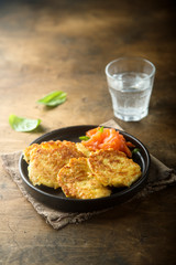 Homemade potato latkes with smoked salmon