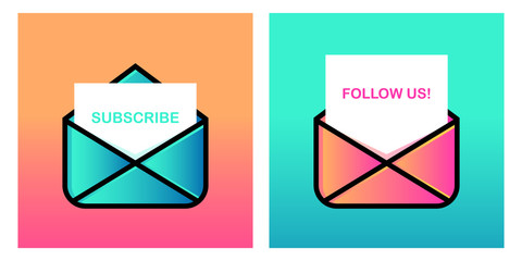 Follow US and Subscribe letter, email or message. Graphic design for social networks, promotion, blogs, content updates and advertising. Vector illustration.