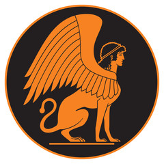 Ancient Greek Sphinx ceramic red figure vase paint style vector illustration, a Demon of Esoteric Wisdom in the Greece mythology with the body of a lion, the head of a woman and the wings of an eagle 