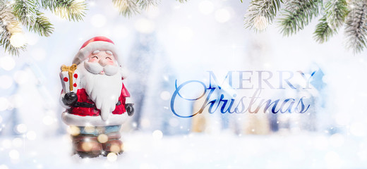 Merry Christmas and Happy New Year, Holidays greeting card with blurred bokeh background