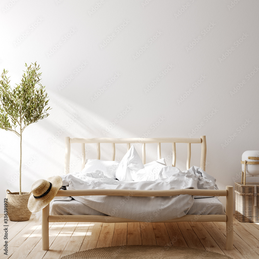 Wall mural farmhouse bedroom interior, wall mockup, 3d render