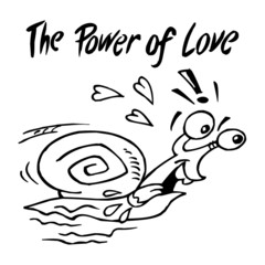 Snail in love rushing for kiss, power of love, valentine's day theme, black and white cartoon