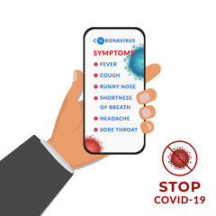 Coronavirus symptoms in phone. Novel coronavirus 2019-nCoV. Concept - Stop covid-19. Covid-19 simple graphic design.
