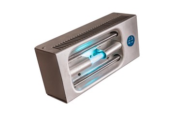 Closeup of old quartz medical lamp isolated on white. Antibacterial lamp.