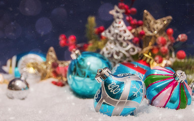 Merry Christmas and Happy New Year, Holidays greeting card with blurred bokeh background