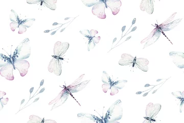 Stof per meter Vlinders Aquarel kleurrijke vlinders, vlinder, bugs naadloze patroon op witte achtergrond. blauwe, gele, roze en rode vlinder lente illustratie.