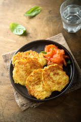 Homemade potato latkes with smoked salmon