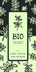 Floral pattern for organic food banner and label tag design with hand-drawn green icons. Herbal ornament. Vector floral silhouettes for Healthy eating concept and eco product. Illustrations of Herbs.