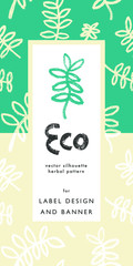Floral pattern for organic food banner and label tag design with hand-drawn green icons. Herbal ornament. Vector floral silhouettes for Healthy eating concept and eco product. Illustrations of Herbs.